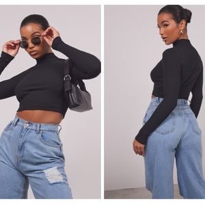 PrettyLittleThing Black Basic Soft Ribbed High Neck Crop Top